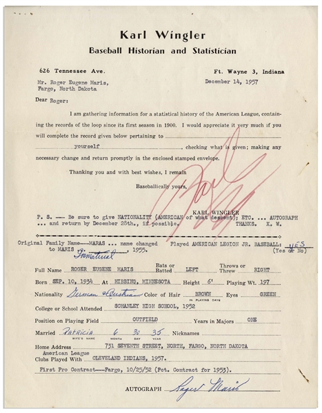 Interesting Roger Maris Lot -- Baseball Questionnaire Filled Out and Signed by Maris in 1957 & Two Cards Also Filled Out by Him With Details on His Name Change and the Scout Who Signed Him